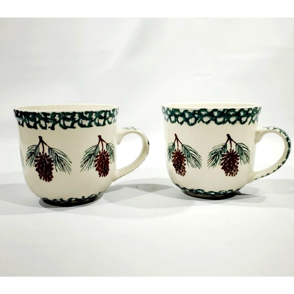 Tienshan Folk Craft Pinecone 3.5" Coffee Mug Replacement Spongeware Cup Set of 2